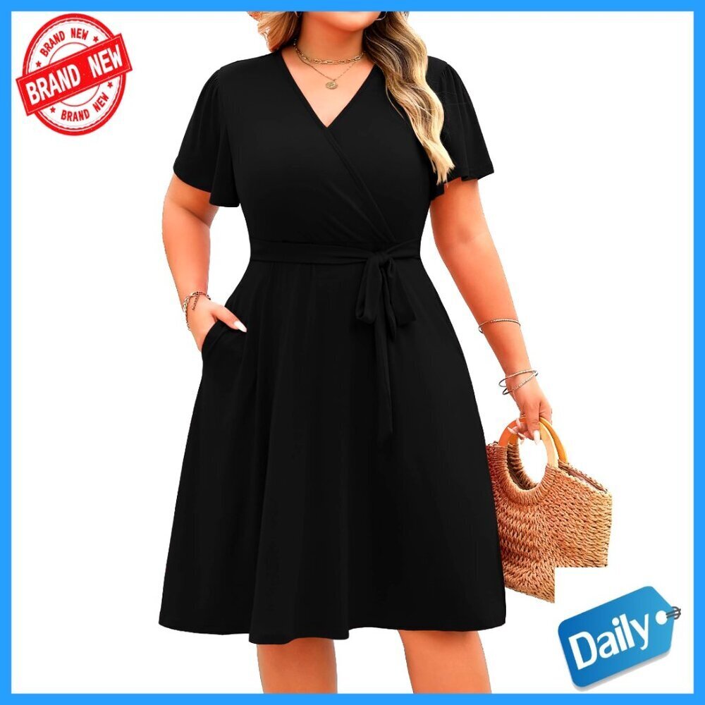 Plus Size V-Neck Knee-Length Dress with Pockets, Casual Floral Summer Sundress